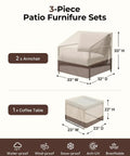 Heavy Duty 600D Waterproof 3 Piece Patio Furniture Cover Set for chairs and coffee table with sizes and features displayed