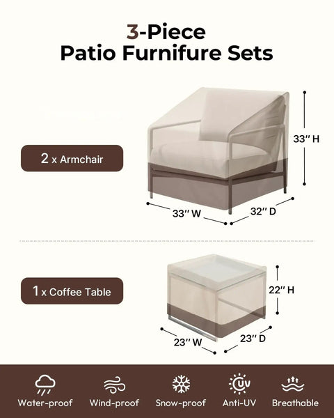 Heavy Duty 600D Waterproof 3 Piece Patio Furniture Cover Set for chairs and coffee table with sizes and features displayed