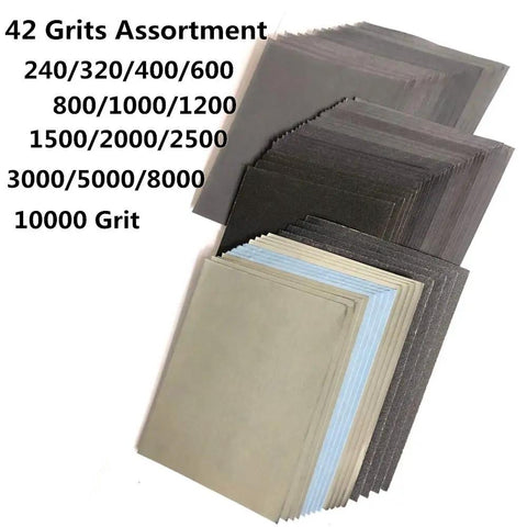 Twin Ultra Fine 42 Piece Wet Dry Sandpaper Set Featuring 240 To 10000 Grit Assortment 4.5 To 5.5 Inch Sheets on display