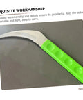 Portable Scythe Grass Cutter with green ergonomic handle, durable steel blade for harvesting and weeding, view from side angle.