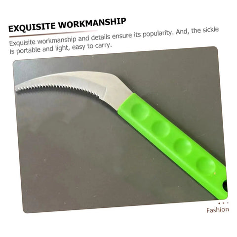 Portable Scythe Grass Cutter with green ergonomic handle, durable steel blade for harvesting and weeding, view from side angle.