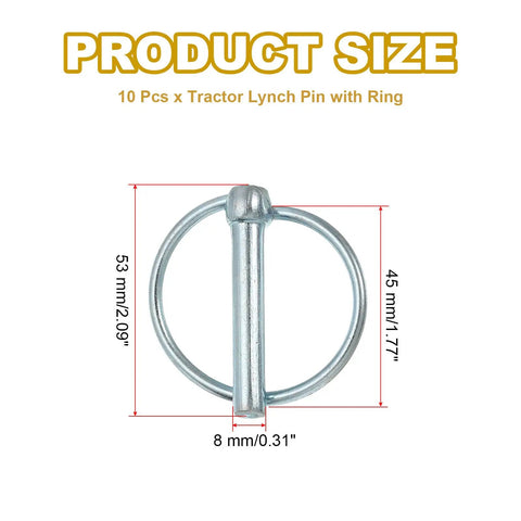Heavy Duty Lynch Pin Set 5/16 By 1 3/4 Inch 10 Piece For Tractors Trailers Farm Trucks And Mowers Carbon Steel With Ring 8 mm pin, 53 mm length