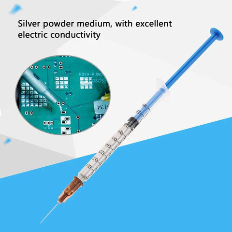 Syringe of Conductive Silver Paste For Electronics Repair And Soldering, shown with PCB for high conductivity DIY use, 0.7ml
