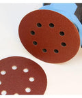100PCS 5 Inch Sanding Discs With 8-Hole Hook And Loop Fastener for Smooth Finish, shown on a sander and a separate disc.
