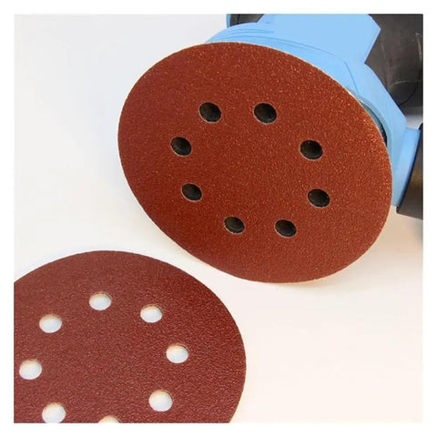 100PCS 5 Inch Sanding Discs With 8-Hole Hook And Loop Fastener for Smooth Finish, shown on a sander and a separate disc.