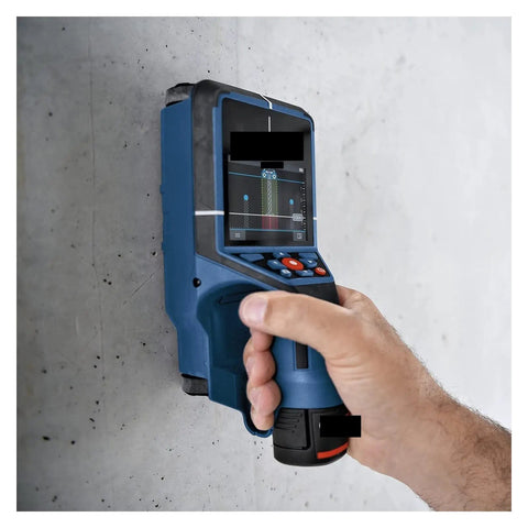 Handheld Hardcore Stud Finder Wall Scanner Boasting Dead On Rebar And Wire Detection on concrete wall, showcasing digital screen.