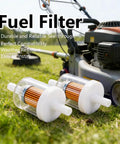 Pack Of 2 Universal Forty Micron Inline Fuel Filter One Quarter Inch For Briggs And Stratton Kawasaki Kohler Husqvarna Lawn Mower Parts Compatible With 49019 7001 707061 2505007S 2505021S next to lawn mower on grass