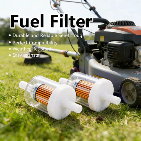 Pack Of 2 Universal Forty Micron Inline Fuel Filter One Quarter Inch For Briggs And Stratton Kawasaki Kohler Husqvarna Lawn Mower Parts Compatible With 49019 7001 707061 2505007S 2505021S next to lawn mower on grass
