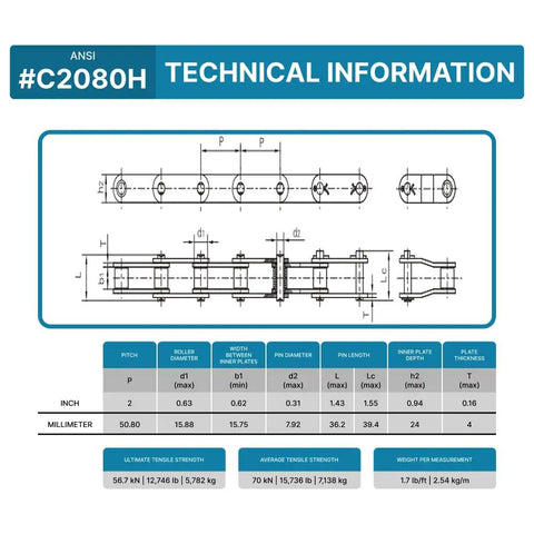 Pgn C2080H Heavy Duty Single Strand Roller Chain 10 Foot Length With Connecting Links For Industrial Conveyor Systems Carbon Steel technical diagram.