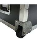 Close-up of Midsize Drum Hardware Case Heavy Duty Hard Shell Utility Tote For Serious Gear Hauling Durable Plywood Road Transport Box wheels and corner.