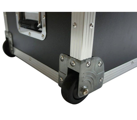 Close-up of Midsize Drum Hardware Case Heavy Duty Hard Shell Utility Tote For Serious Gear Hauling Durable Plywood Road Transport Box wheels and corner.