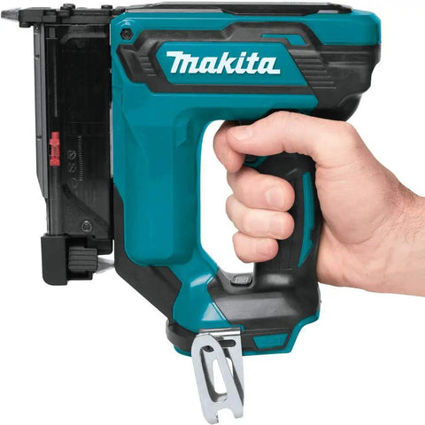 Cordless 18V LXT 23 Gauge Pin Nailer Pro Grade held in hand, showing lightweight design and trim finish tool features.