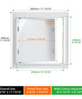 Front view of white plastic drywall access panel with removable door; 10x10 panel, 9-9/16 in opening, 9-13/16 in cutout.