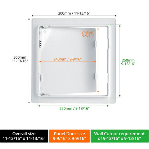 Front view of white plastic drywall access panel with removable door; 10x10 panel, 9-9/16 in opening, 9-13/16 in cutout.