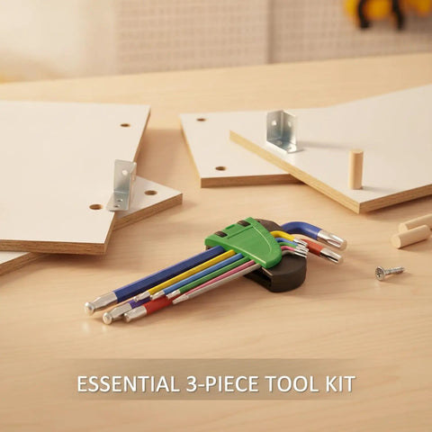 Rock Solid Hex Key Wrench Set That Slaps Every Squirrel Tight On Furniture Assembly And Repair Jobs With A Color Coded Kit That Never Gets Mixed Up For Quick Grab Access When You Need To Fix Stuff Fast. 3-piece color-coded CRV steel hex key set on wood