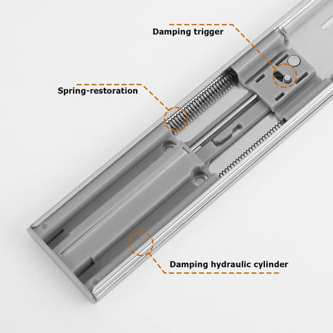 Close-up of Six Pairs 22 Inch Soft Close Drawer Slides For Dressers with metal ball bearings and damping trigger mechanism.