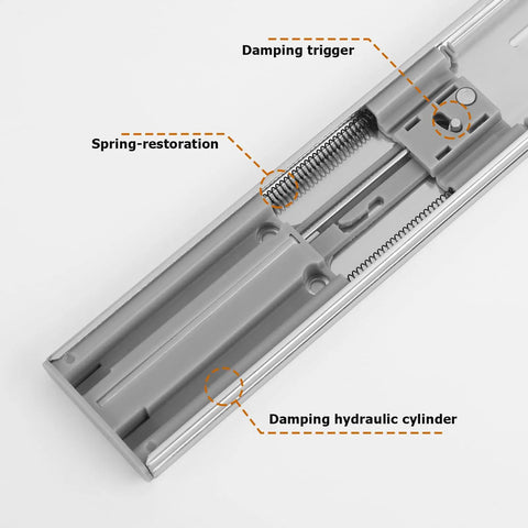 Heavy Duty Soft Close Drawer Slides 22 Inch Cabinet Glides close-up showing damping trigger, spring restoration, and hydraulic cylinder features.