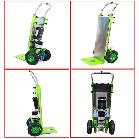 Heavy Duty Powered Hand Truck Stair Climber With Electric Motor And Folding Design For Labor Saving Moves, showcasing foldable structure and rugged wheels.