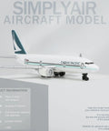 One To Four Hundred Scale Cathay Pacific Airplane Model Kit For Display And Collection With Alloy Body And Plastic Base Compact Five Point Six Inch Length And Five Inch Wingspan Ideal Desk Decor For Aviation Fans shown on a flat surface with detailed product information overlayed.