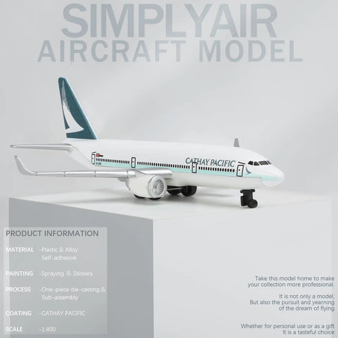 One To Four Hundred Scale Cathay Pacific Airplane Model Kit For Display And Collection With Alloy Body And Plastic Base Compact Five Point Six Inch Length And Five Inch Wingspan Ideal Desk Decor For Aviation Fans shown on a flat surface with detailed product information overlayed.