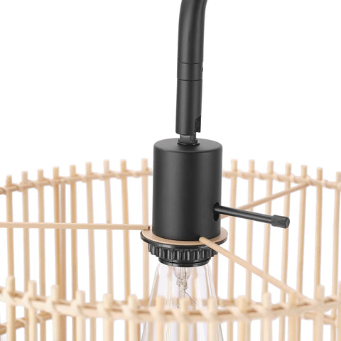 Close-up of 58 Inch Matte Black Floor Lamp With Bamboo Shade That Peeks Through, Easy On Off Rotary Socket Switch detail