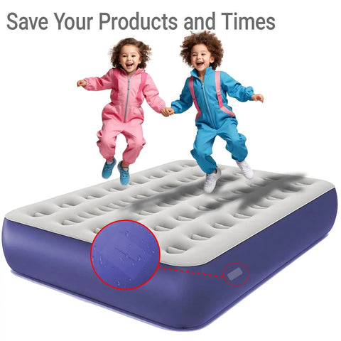 Children jumping on air bed showcasing Heavy-Duty Pool Patch Repair Kit For Inflatables With Peel-And-Stick TPU Vinyl Waterproof Patch Kit.