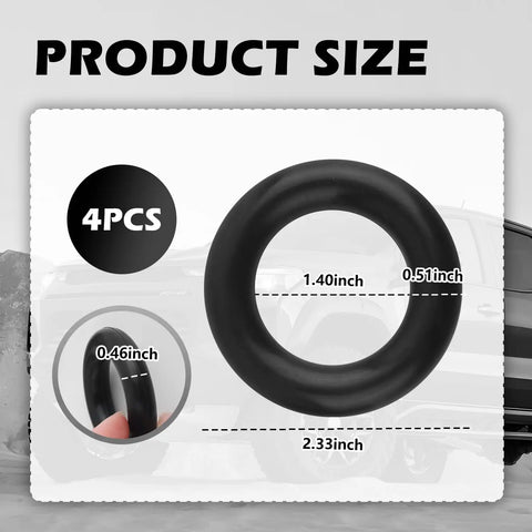 Universal Exhaust Hangers Rubber Muffler Mounts 4 Pack dimensions displayed on a diagram with size details in inches.