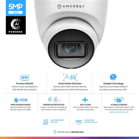 Front view of 5MP Turret PoE Cam With Mic Audio For Outdoor Use Ultra HD Night Vision 132 Degree Field Of View MicroSD Up To 256GB Ready For Easy PoE Install With Quick Setup