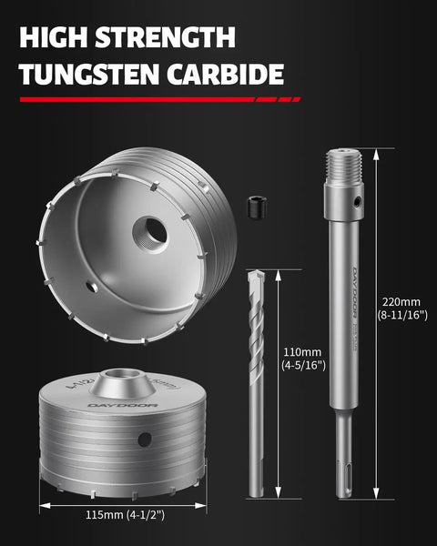 4-1/2 Inch Concrete Hole Saw With SDS Plus Shank Adapter, Tungsten Carbide tipped drill components and dimensions