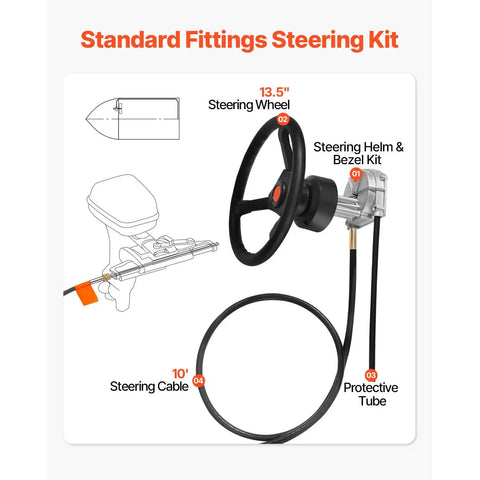 Outboard Boat Steering System Kit, 10 Ft Marine Steering Cable With Three Quarter Inch Shaft And 13.5 Inch Wheel, Rotary Steering, Bezel Kit, Rugged Marine Grade For Yachts And Watercraft