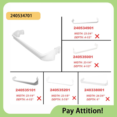 Comparison of Refrigerator Door Bar Rack for Frigidaire and Kenmore, highlighting middle rack 240534701 size 23-3/4" width.