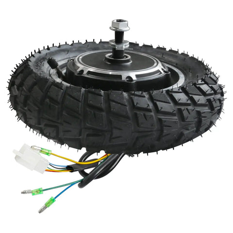 Level Up Your Roll With This 48V 350W Brushless Hub Motor Wheel For Electric Scooter Or Mini Bike Featuring 10X2.5 Inch Tires, showing the motor wheel with tire and wiring.