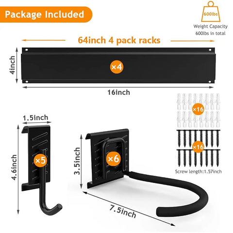 Package contents showing 64 inch rails, hooks, and screws for Six Bike Storage Rack With Five Hooks For Garage Wall Mount Vertical Bicycle Hanger Heavy Duty Space Saver Up To 600 Lbs 64 Inch Rails Snap On Rail System For Easy Adjustments