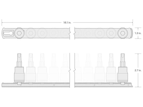 Diagram showing dimensions of One Half Inch Drive Hex Socket Set with 14-piece rail, 18.1 x 1.3 x 2.7 inches, S2 steel bits.