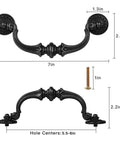 6 Pack Vintage Antique Black Drawer Pulls Handles With 5.5 Inch Hole Center And 6.7 Inch Total Length Made From Zinc Alloy Durable Cabinet Knobs Drop Bail Pulls For Kitchen Dresser And Furniture, showing two drawer handles with screws, dimensions labeled.