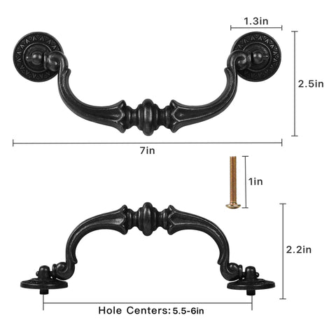 6 Pack Vintage Antique Black Drawer Pulls Handles With 5.5 Inch Hole Center And 6.7 Inch Total Length Made From Zinc Alloy Durable Cabinet Knobs Drop Bail Pulls For Kitchen Dresser And Furniture, showing two drawer handles with screws, dimensions labeled.