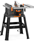 10 Inch Table Saw With Stand, 15 Amp Copper Motor Spins at 5300 Rpm for Badass Cuts through Hardwood, precision woodworking tool with adjustable fence