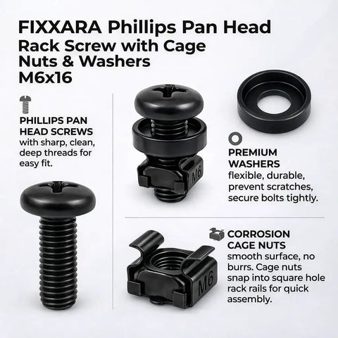 Heavy Duty M6 X 16 Rack Mount Screws Paired With Carbon Steel Cage Nuts And Nylon Washers 50 Pack Server Kit components with screws and washers