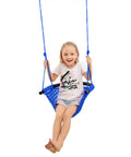 Child on blue Heavy Duty Kids Rope Swing Seat For Indoor And Outdoor Play With Secure Hooks And Straps 440 Lb Capacity