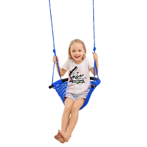Child on blue Heavy Duty Kids Rope Swing Seat For Indoor And Outdoor Play With Secure Hooks And Straps 440 Lb Capacity