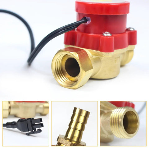 Water Flow Sensor Switch HT-30 for CO2 Laser Protection with brass G 3/4 inch thread, includes nozzles and shims, red cap