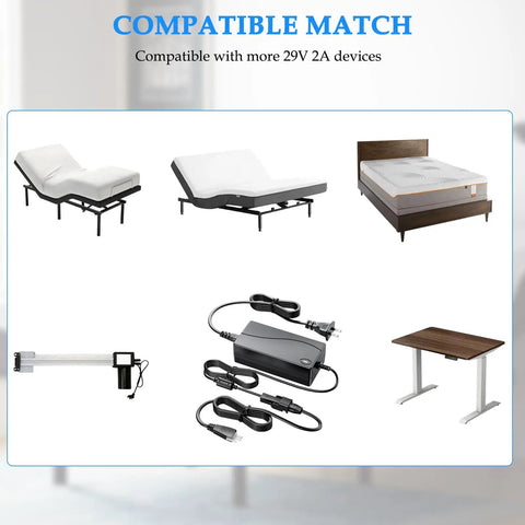 Adjustable Bed Base Must Have Power Supply Kit Replacement For Ergo Extend Sealy Ease And Serta New Generation Bed Bases With 3 Piece Switching Unit DC 29V 2A Adapter Cord Charger Includes AC Cable