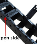 Close-up of Open Type Drag Chain Cable Carrier 39.4 Inch for CNC Router Mill 3D Printer, R28 bend radius, open side view.
