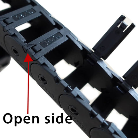 Close-up of Open Type Drag Chain Cable Carrier 39.4 Inch for CNC Router Mill 3D Printer, R28 bend radius, open side view.