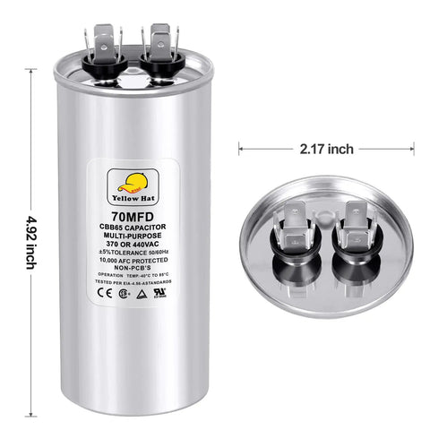 Air Conditioner Capacitor Replacement 70uF 370/440V Round, 2.17x4.92in with terminals visible, detailed view, easy install