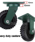 Rig Ready Heavy Duty Casters With Silent Rubber Wheels And Locking Brakes Swivel Plate Mount Ball Bearing Caster Set For Shop Cart 4400 Lb Capacity close-up of heavy-duty caster wheels and steel brackets.