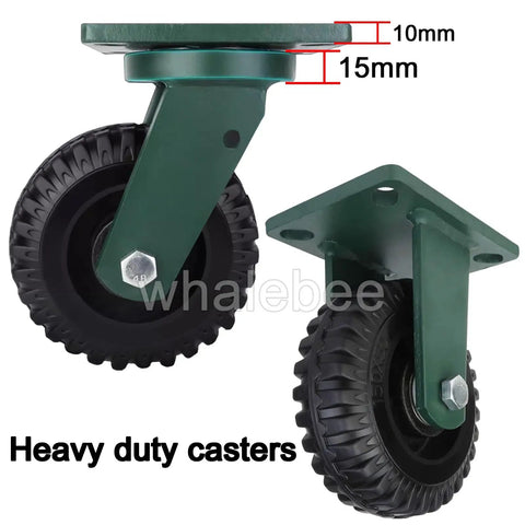 Rig Ready Heavy Duty Casters With Silent Rubber Wheels And Locking Brakes Swivel Plate Mount Ball Bearing Caster Set For Shop Cart 4400 Lb Capacity close-up of heavy-duty caster wheels and steel brackets.