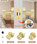 Brushed Gold Privacy Door Knobs Set, installed on door, showing interior and exterior views with one-touch lock
