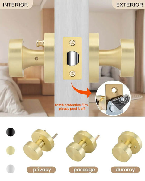 Brushed Gold Privacy Door Knobs Set, installed on door, showing interior and exterior views with one-touch lock