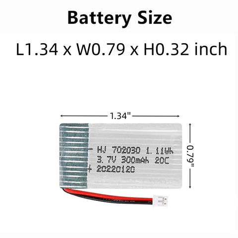 3.7V 300mAh LiPo Battery With PH2.0 Plug For Mini Nano RC Quadcopter HS210 Drone, dimensions shown.